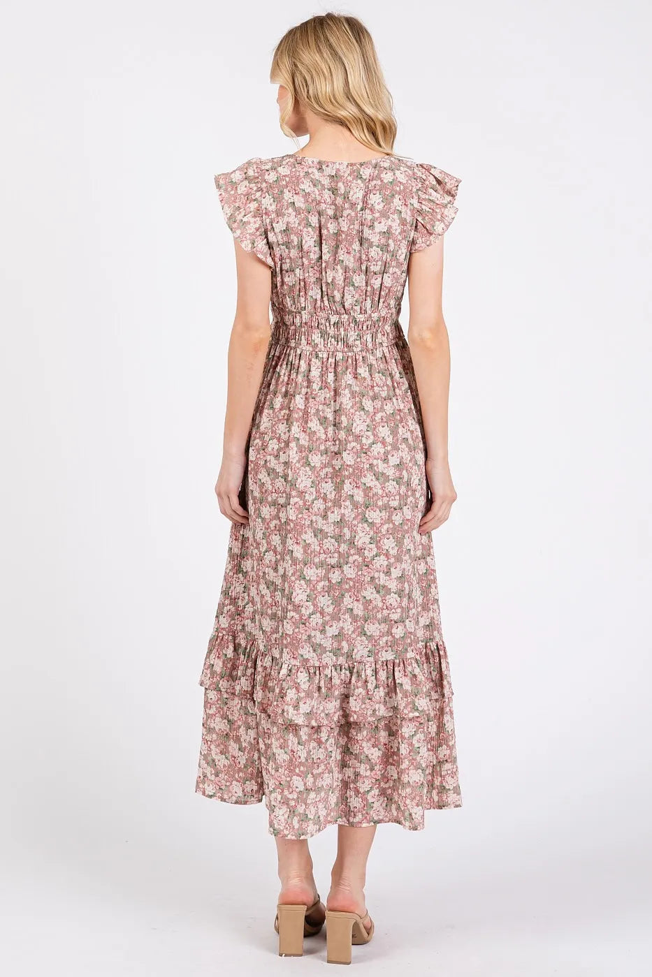 Flower Print Ruffle Cap Sleeve V-Neck Midi Dress – outfit idea for women | Ro + Ivy