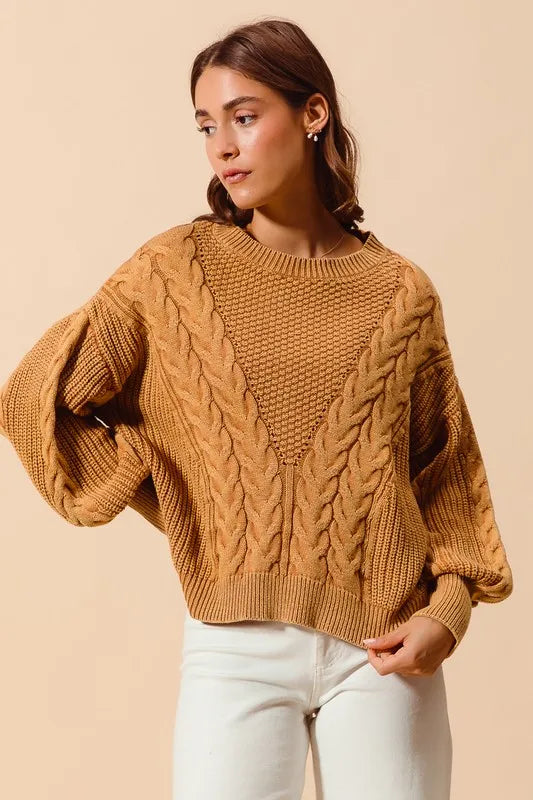 Mineral Washed Loose Fit Textured Cable Sweater – outfit idea for women | Ro + Ivy