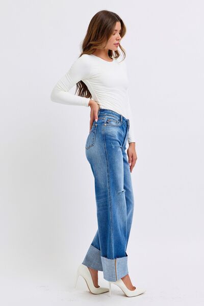 Full Size Distressed High Waist Wide Leg Jeans Trendy Jeans Outfit Idea for Women | Ro + Ivy