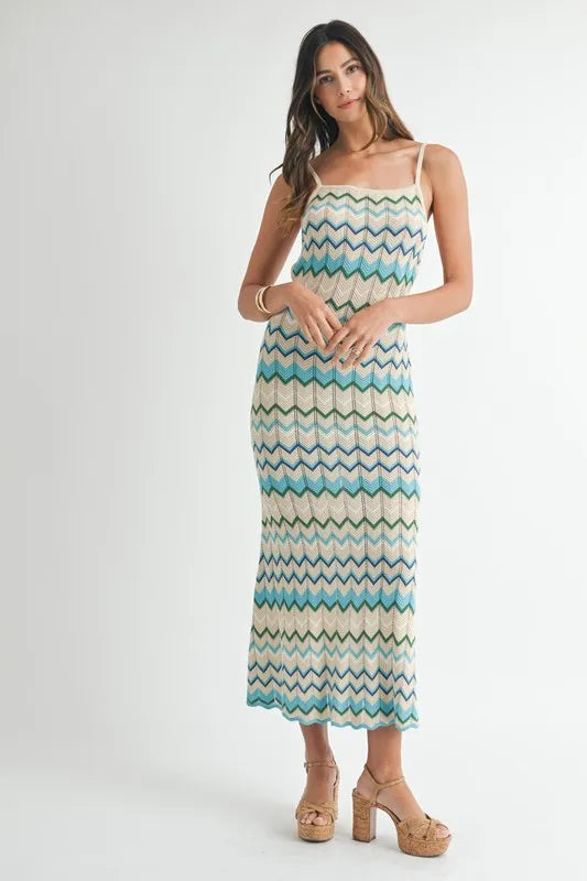Lightweight Pointelle Chevron Knit Maxi Dress – outfit idea for women | Ro + Ivy
