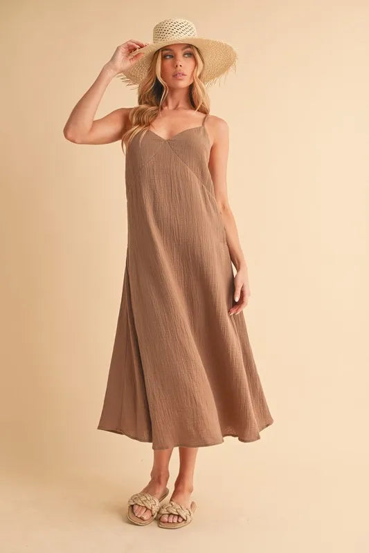 Side Button Cami Midi Dress in Mocha – outfit idea for women | Ro + Ivy