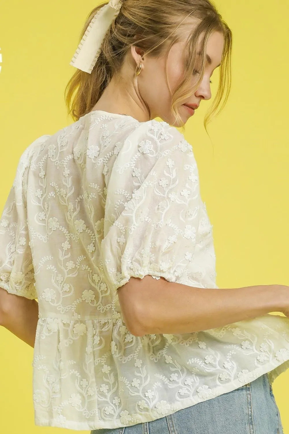 Embroidered Tie Front Peplum Blouse – outfit idea for women | Ro + Ivy