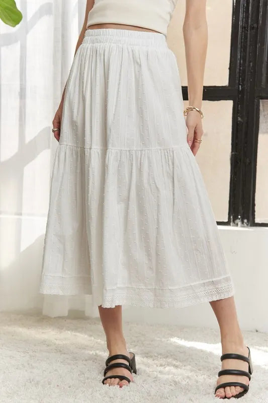 Elastic Waistband Tiered Midi Skirt in White – outfit idea for women | Ro + Ivy