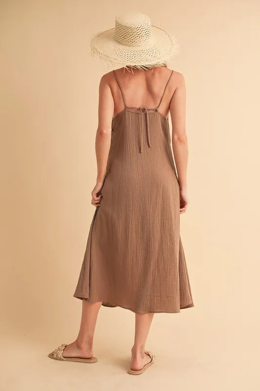 Side Button Cami Midi Dress in Mocha – outfit idea for women | Ro + Ivy