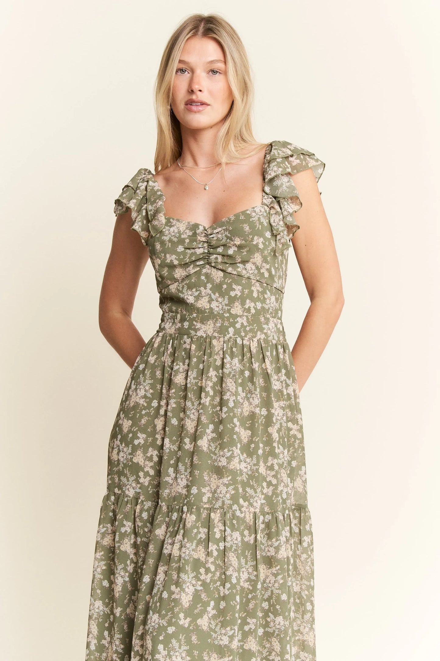 Ruffle Sleeve Tiered Maxi Dress – outfit idea for women | Ro + Ivy