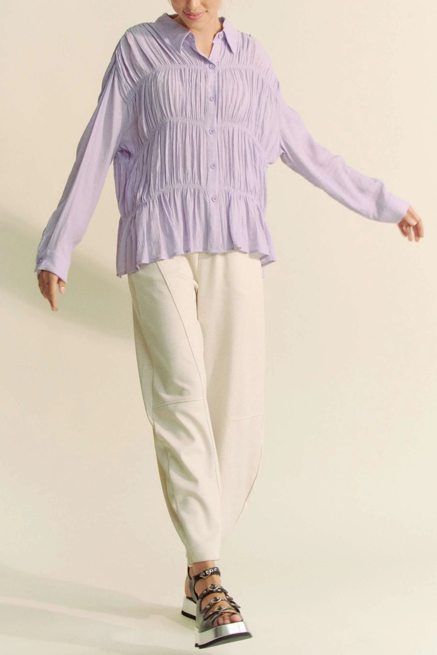Ruched All Over Button Front Shirt – outfit idea for women | Ro + Ivy