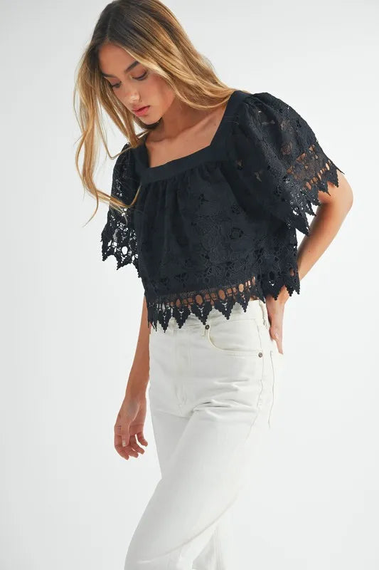 Square Neck Crochet Lace Top With Double Bow Tie – outfit idea for women | Ro + Ivy