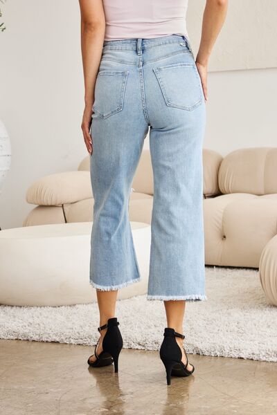 Full Size Tummy Control High Waist Raw Hem Distressed Jeans Trendy Jeans Outfit Idea for Women | Ro + Ivy