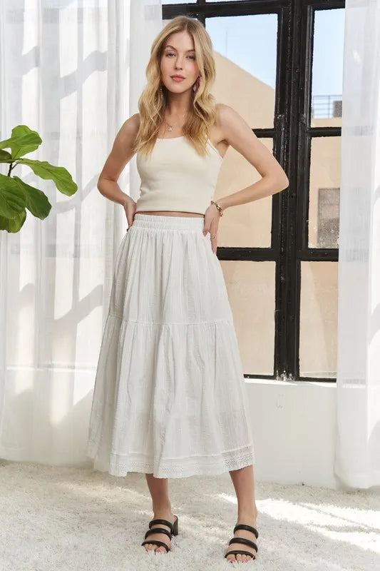 Elastic Waistband Tiered Midi Skirt in White – OFF WHITE outfit idea for women | Ro + Ivy