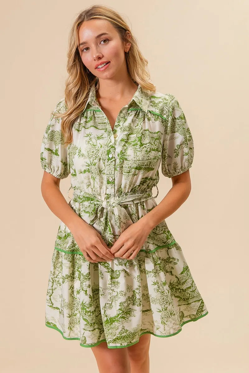 Woven Printed Tiered Mini Dress – outfit idea for women | Ro + Ivy