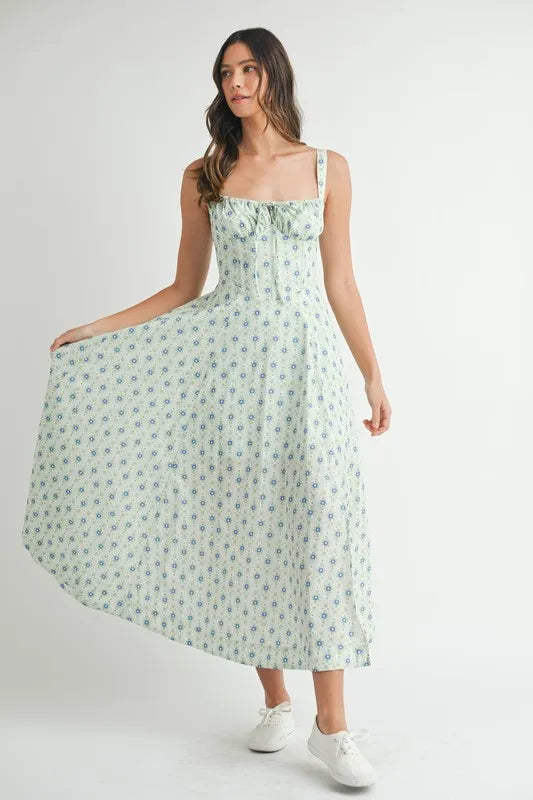 Floral Print Bustier Back Lace Up Midi Dress in Mint – outfit idea for women | Ro + Ivy