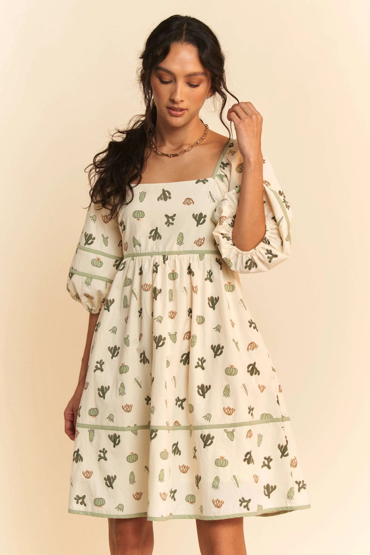Cactus Printed Poplin Contrast Piping Mini Dress – outfit idea for women | Ro + Ivy