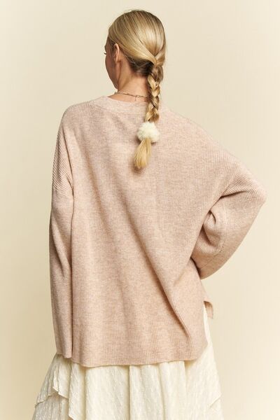 High-Low Round Neck Drop Shoulder Sweater - Ro + Ivy