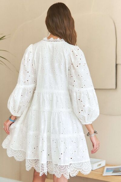 Lace Detail Tiered Eyelet V-Neck Babydoll Dress Trendy Mini Dresses Outfit Idea for Women | Ro + Ivy