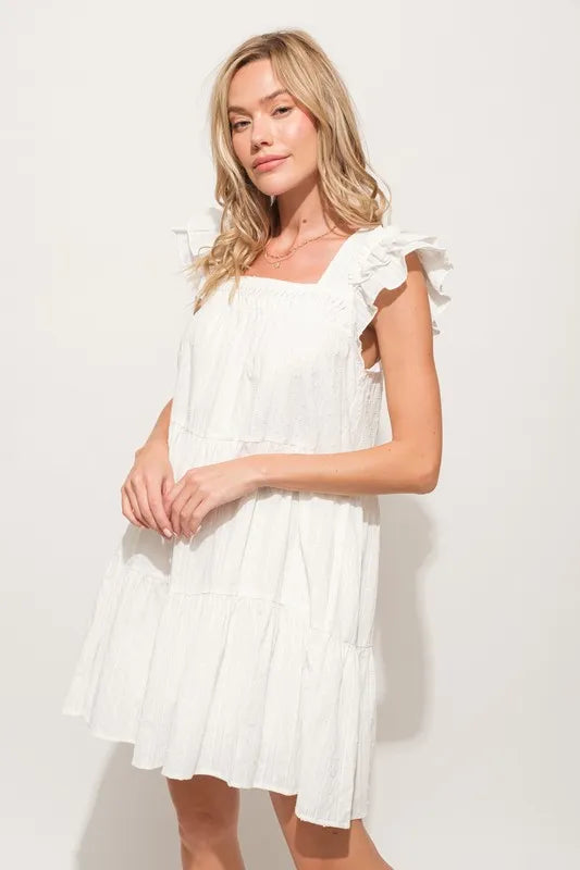 Origami Pleating Ruffled Sleeve Tiered Mini Dress – outfit idea for women | Ro + Ivy