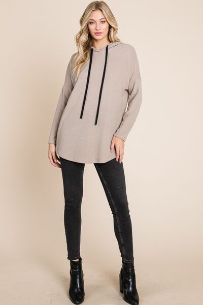 Contrast Drawstring Drop Shoulder Knit Hoodie in Taupe - Ro + Ivy