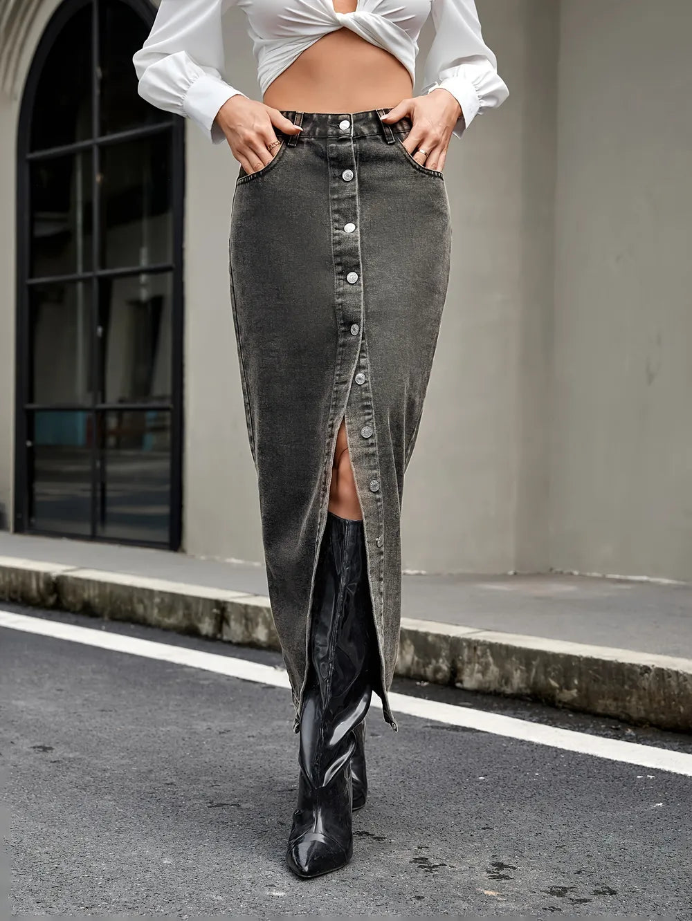 Button Up High Rise Denim Skirt - Skirts