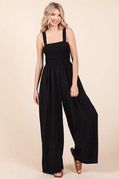 Smocked Wide Strap Wide Leg Overalls - Ro + Ivy