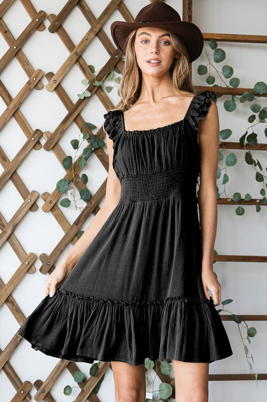 Ruched Waist Ruffled Sleeveless Knee Length Dress – BLACK outfit idea for women | Ro + Ivy