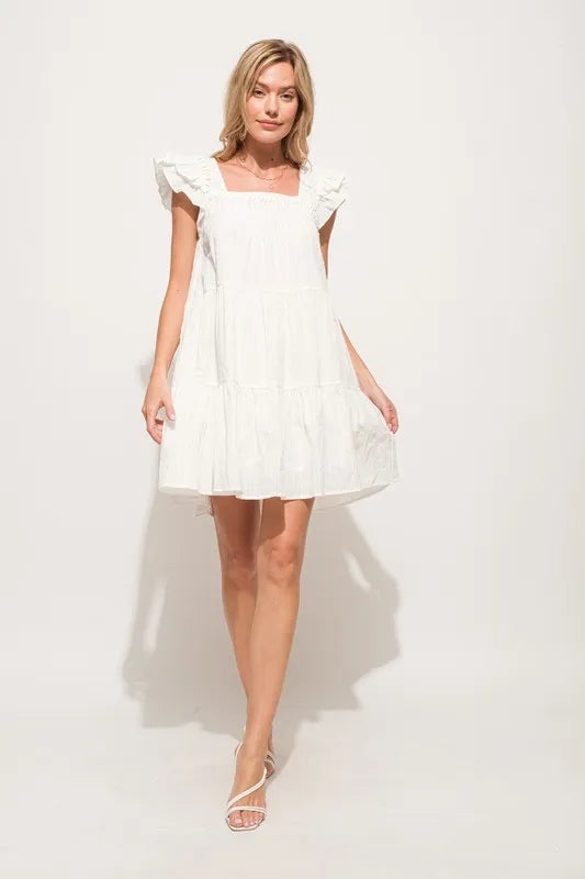 Origami Pleating Ruffled Sleeve Tiered Mini Dress – outfit idea for women | Ro + Ivy