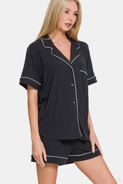 Button Down Short Sleeve Top and Shorts Sleepwear Set in Black - Ro + Ivy