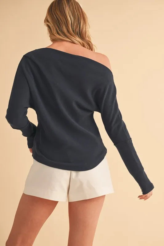 One Shoulder Long Sleeve Knit Top – outfit idea for women | Ro + Ivy
