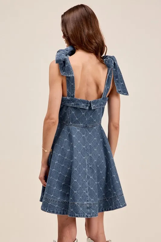 A Line Fit And Flare Diamond Bow Ribbon Denim Dress – outfit idea for women | Ro + Ivy