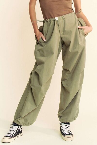 Olive Green Drawstring Baggy Pants with Pockets Trendy Pants Outfit Idea for Women | Ro + Ivy