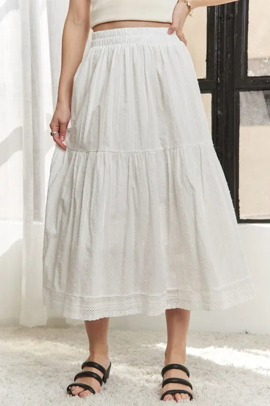 Elastic Waistband Tiered Midi Skirt in White – outfit idea for women | Ro + Ivy
