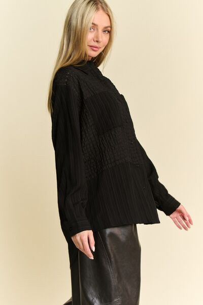 Crinkled Jacquard Button Down Shirt in Black - Ro + Ivy