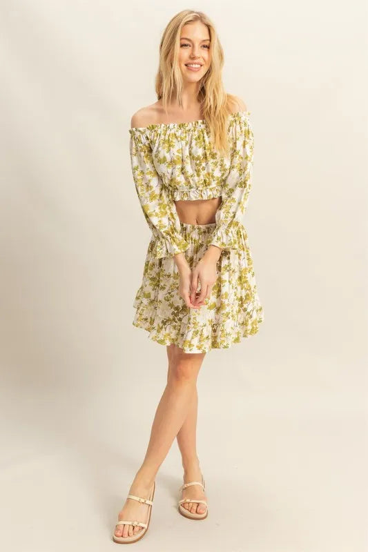 Floral Off-Shoulder Flounce Sleeve Top And Skirt Set – outfit idea for women | Ro + Ivy