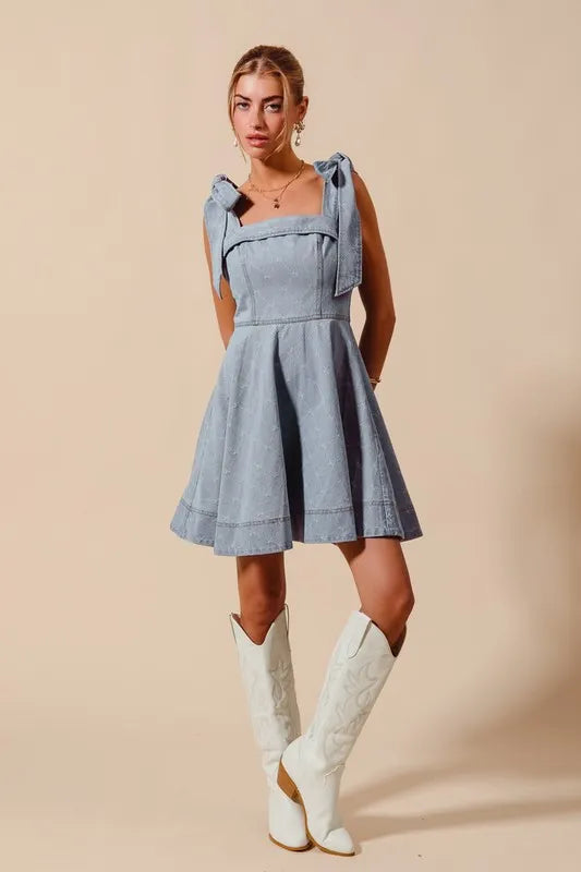 A Line Fit And Flare Diamond Bow Ribbon Denim Mini Dress – outfit idea for women | Ro + Ivy