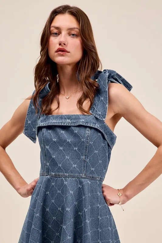 A Line Fit And Flare Diamond Bow Ribbon Denim Dress – outfit idea for women | Ro + Ivy