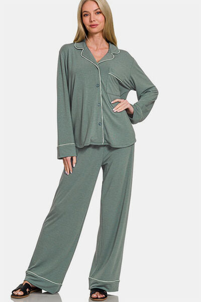 Button Down Long Sleeve Top and Pants Sleepwear Set in Sage - Ro + Ivy
