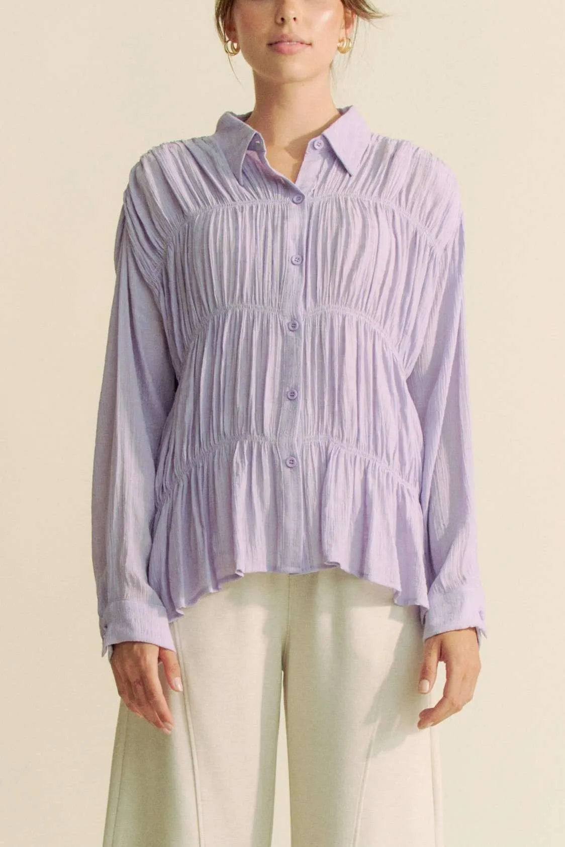 Ruched All Over Button Front Shirt – outfit idea for women | Ro + Ivy