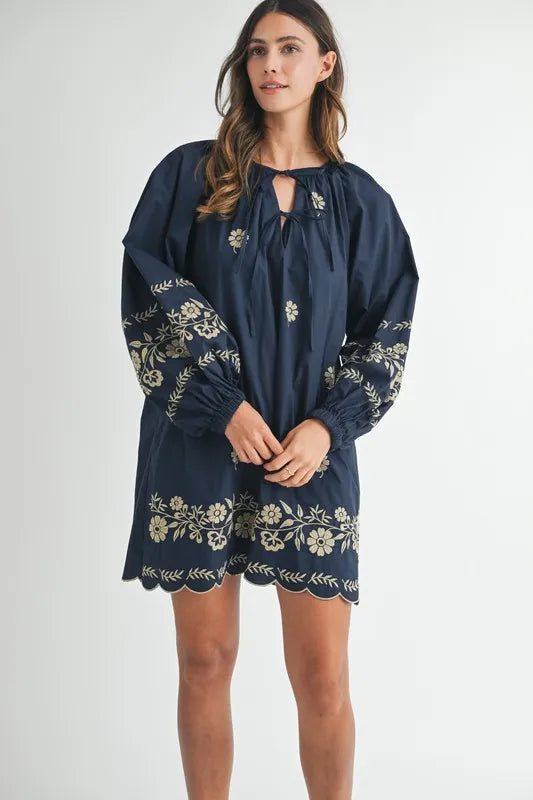 Embroidered Long Sleeve Peasant Mini Dress – outfit idea for women | Ro + Ivy