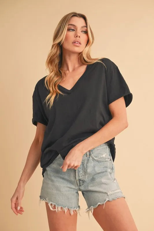 V-Neck Short Sleeve Cotton T-Shirt in Black | Trendy T-Shirts Outfit Idea for Women by Ro + Ivy | Elevated Basics, Modern Comfort & Style