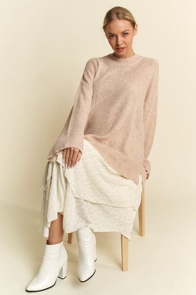 High-Low Round Neck Drop Shoulder Sweater - Ro + Ivy
