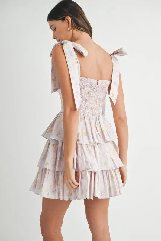 Floral Print Shoulder Tie Layered Mini Dress in Off White – outfit idea for women | Ro + Ivy