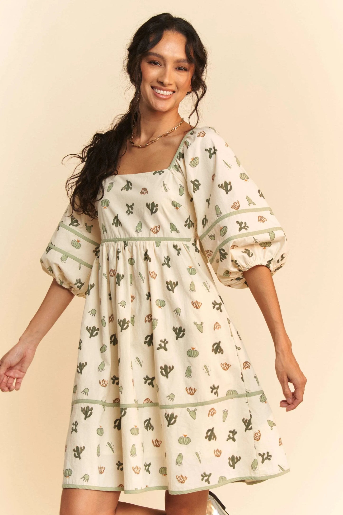 Cactus Printed Poplin Contrast Piping Mini Dress – outfit idea for women | Ro + Ivy