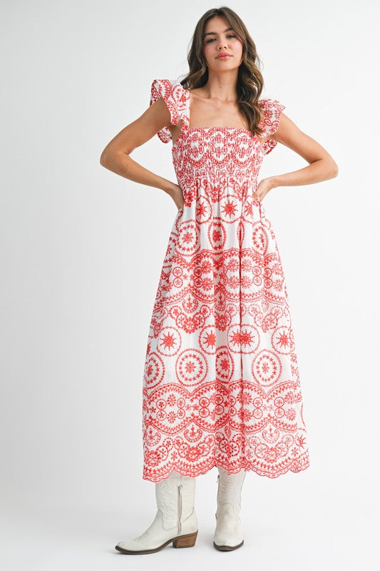 Barb Embroidered Maxi Sundress – RED S outfit idea for women | Ro + Ivy
