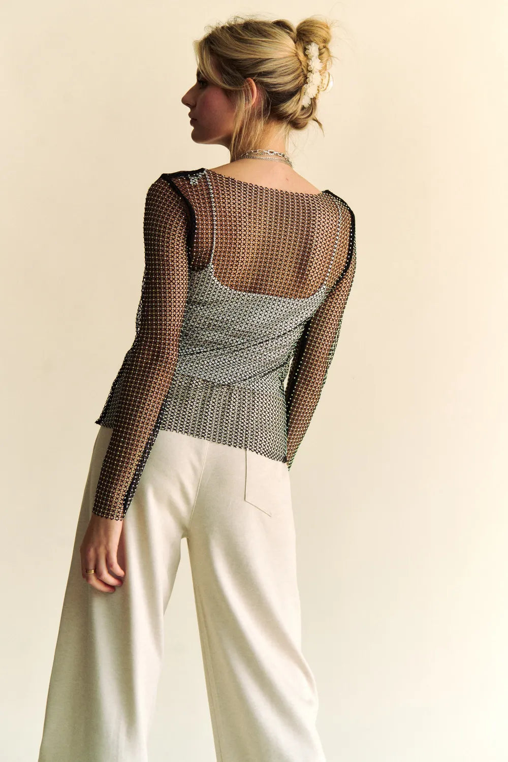 Sparkling Rhinestone Sheer Mesh Round Neck Top – outfit idea for women | Ro + Ivy