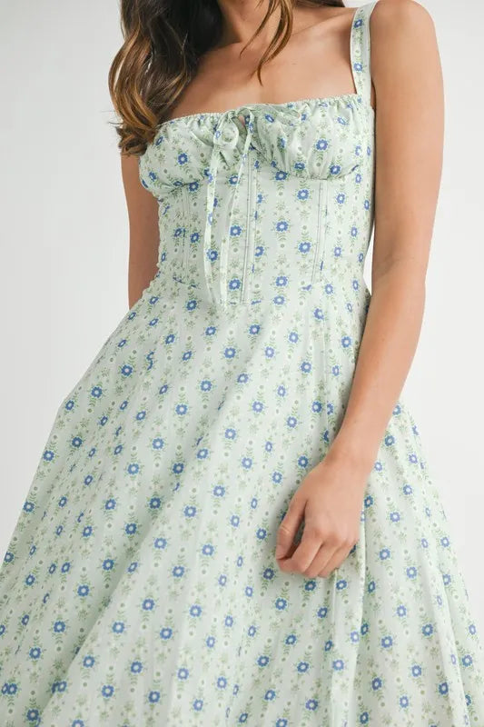 Floral Print Bustier Back Lace Up Midi Dress in Mint – outfit idea for women | Ro + Ivy