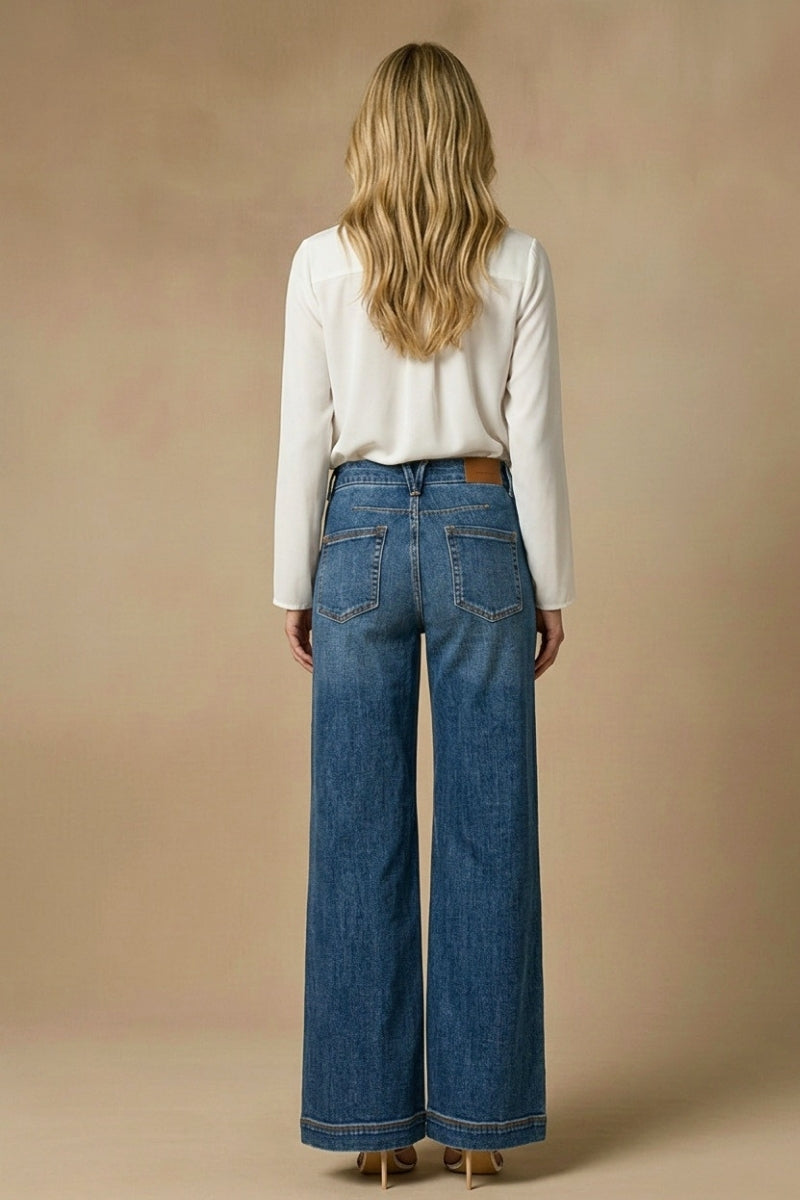 High-Rise Relaxed Palazzo Wide Leg Jeans Medium Stone Wash Elastic Waist