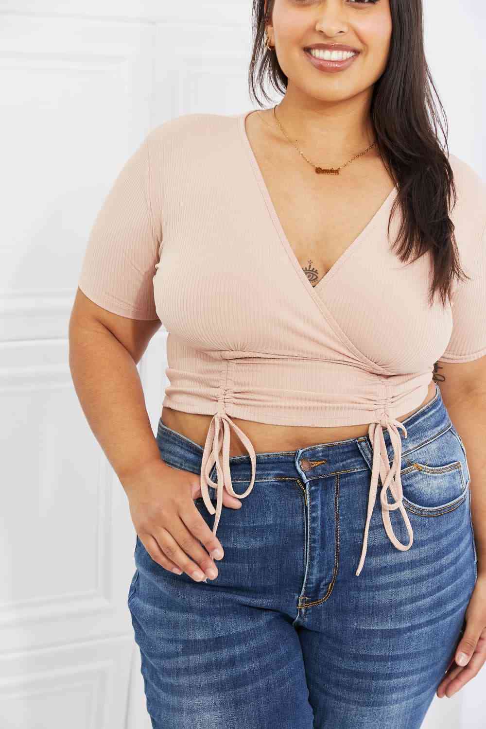 Back To Simple Size Inclusive Ribbed Front Scrunched Top in Blush for Women | Crop Tops | Ro + Ivy