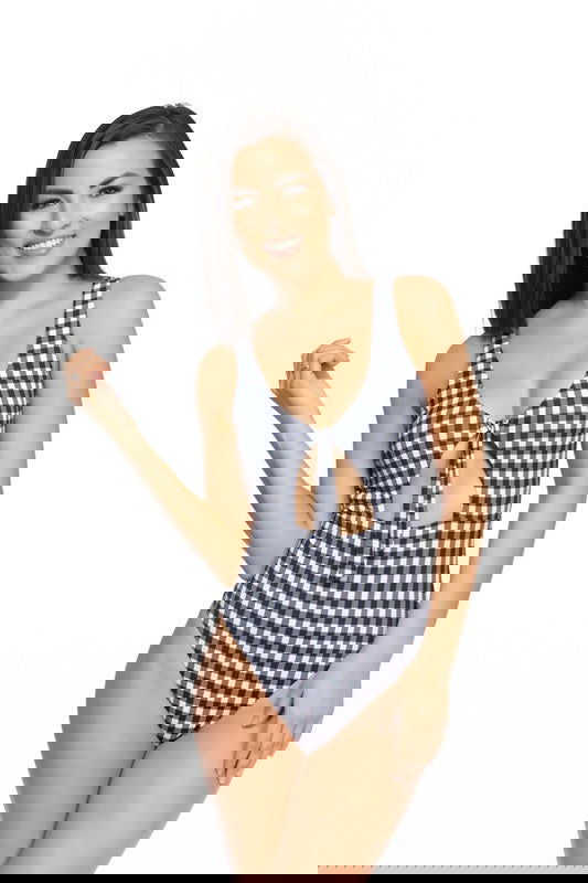 Black And White Gingham Cutout Tie One Piece Swimsuit - Ro + Ivy