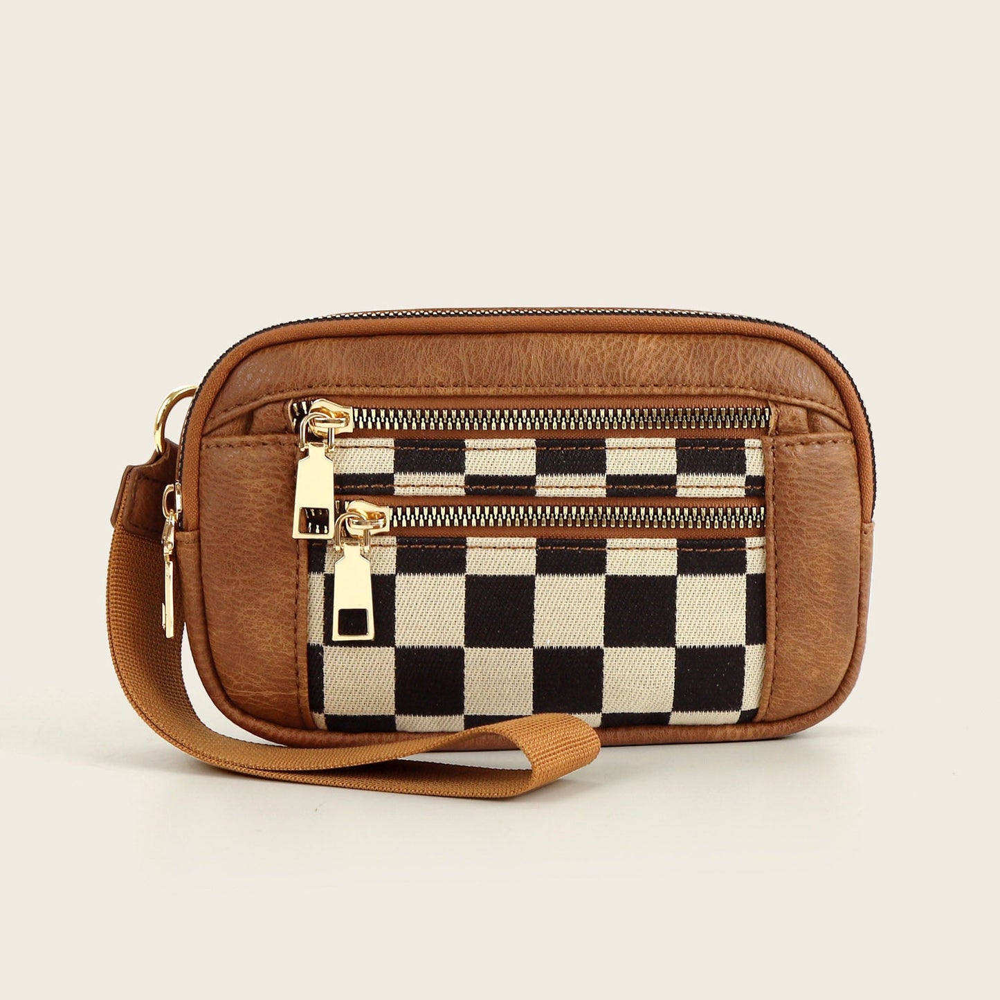 Checkered Vegan Leather Crossbody Wallet Pouch — Clear ID Window & Card Slots - Cognac Check Wallets