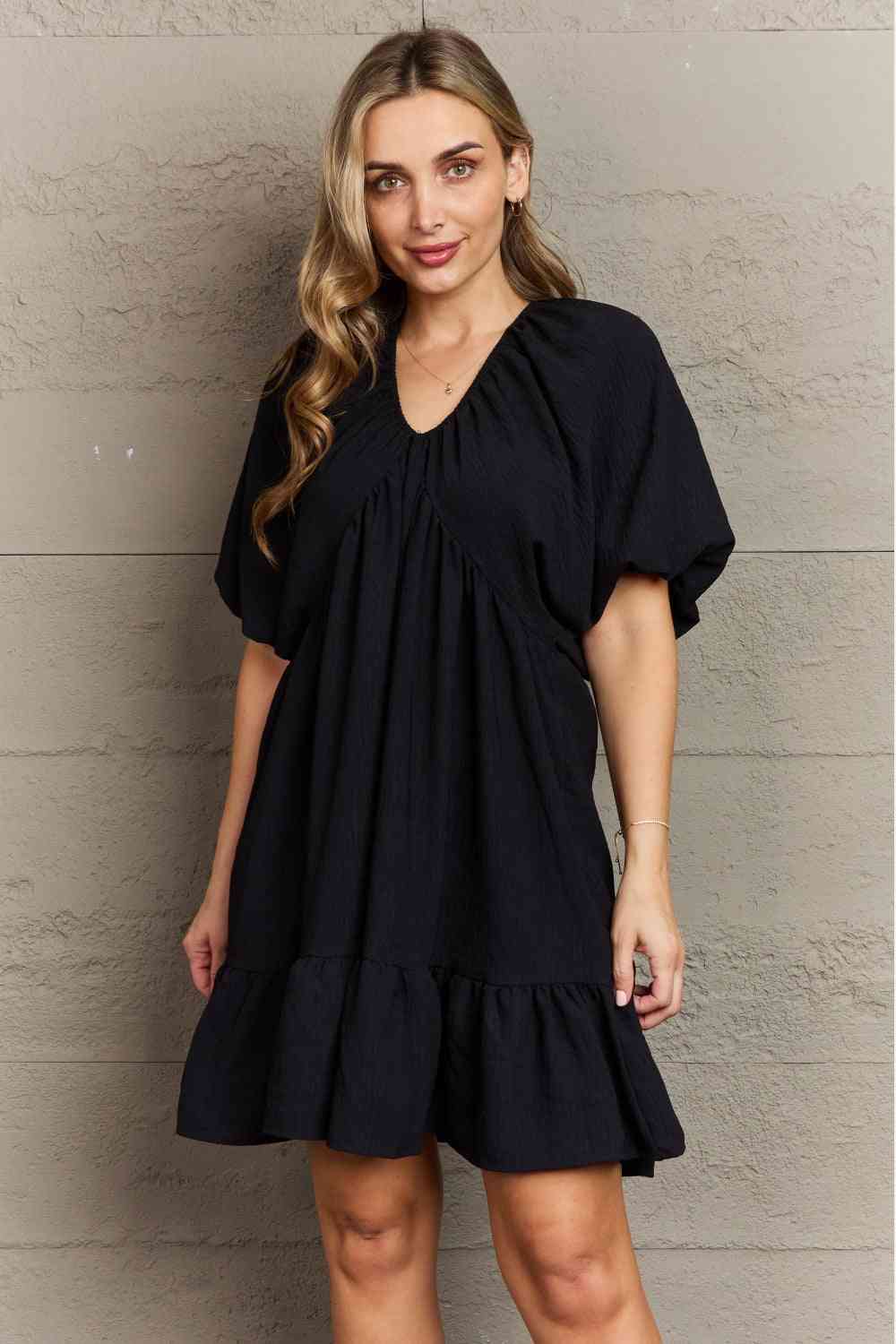Comfort Cutie Double V-Neck Puff Sleeve Mini Dress for Women | Mini Dresses | Ro + Ivy