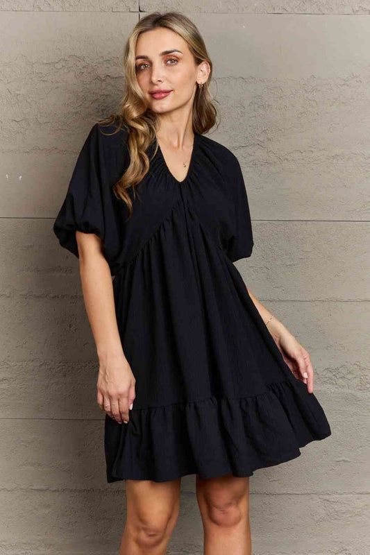 Comfort Cutie Double V-Neck Puff Sleeve Mini Dress for Women | Mini Dresses | Ro + Ivy