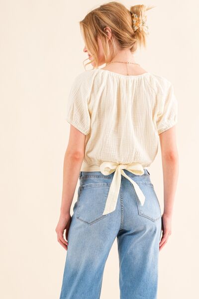 Cotton Gauze Back Waist Tie Cropped Blouse for Women | Crop Tops | Ro + Ivy